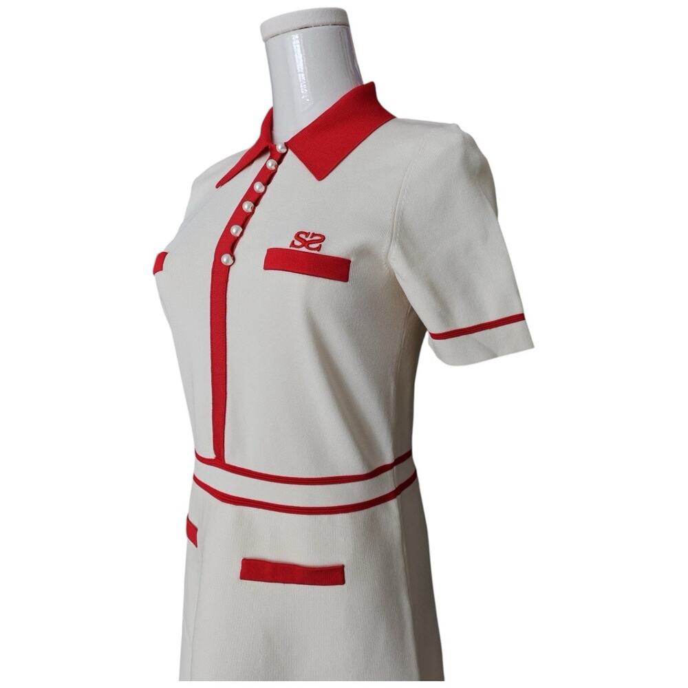 Sandro Paris Irene Polo Cream/Red Collared Dress in Size 40/8 - Picture 7 of 16